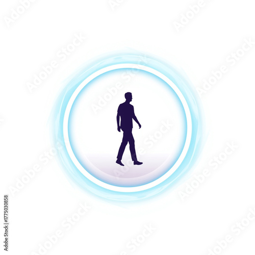 Human Silhouette Walking Through Futuristic Blue Energy Portal Vector Illustration
