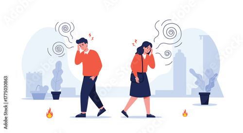 A distressed man and woman walk away from each other, burdened by headaches, stress, and unresolved conflict, with symbolic flames.