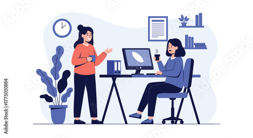 Two female coworkers collaborate and chat while working and taking a coffee break in a professional office setting.