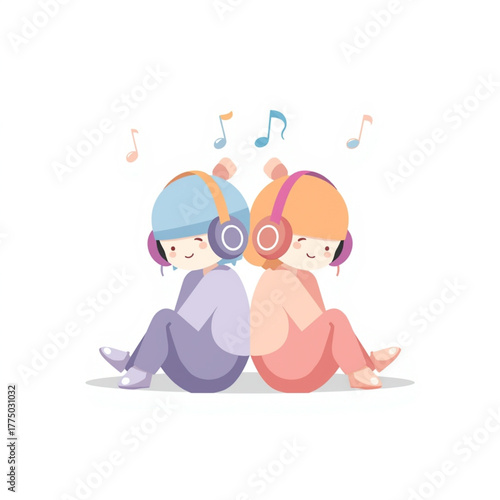 Two Cute Characters Listening to Music with Headphones in Flat Style