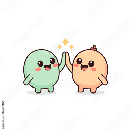Cute Round Characters Giving High Five in Flat Cartoon Style