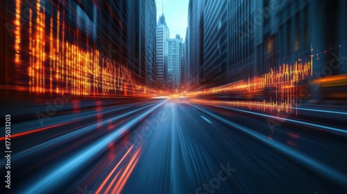 Dynamic city street with tall buildings and vibrant orange digital stock market graphs moving rapidly through the scene conveying speed and financial data flow