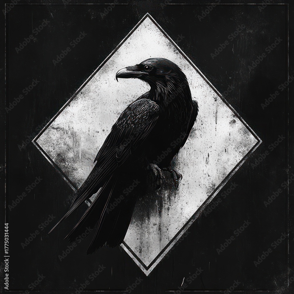 Naklejka premium Black raven perched against a textured diamond-shaped white background with a dark grunge border, conveying mystery and solitude
