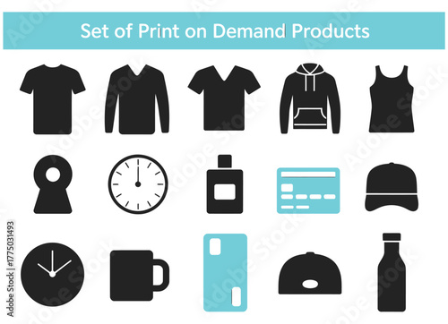 Collection of trendy merchandise icons featuring clothing, accessories, and gadgets — T-shirt, hoodie, jacket, mug, flash drive, and phone case — perfect for print-on-demand business design.