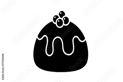 Whimsical black and white dessert icon with berries and icing, perfect for food blogs and recipes