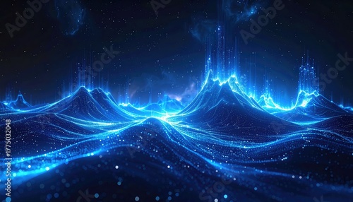 Abstract Blue Digital Landscape with Glowing Particles and Mountainous Forms at Night
