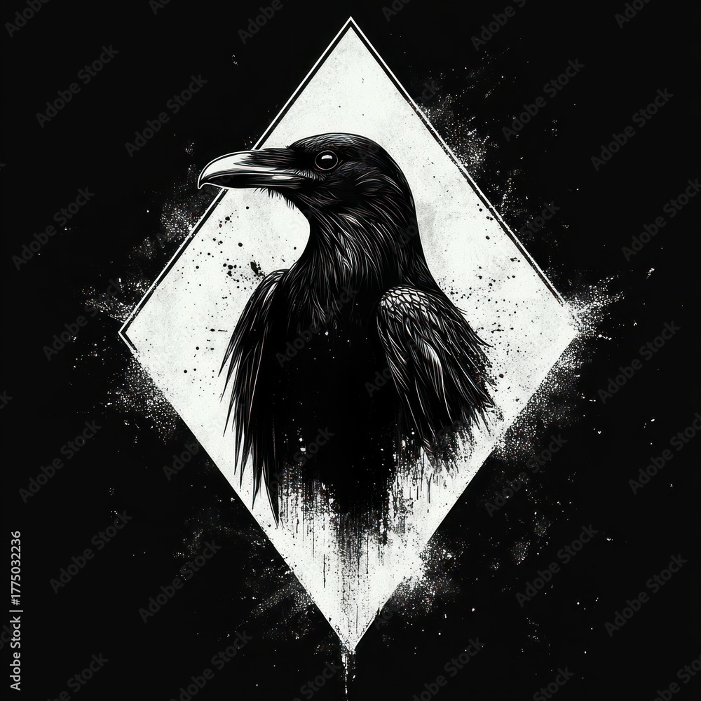 Obraz premium Monochrome detailed illustration of a raven against a textured diamond-shaped background evoking mystery and intensity