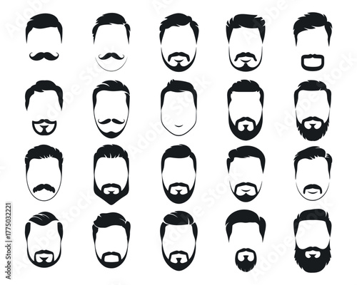 Set of Male Haircuts and Facial Hair Styles. Black Silhouette Vector Icons Featuring Beards and Mustaches for Barbershop Branding, Grooming, Fashion, and Men’s Style Design