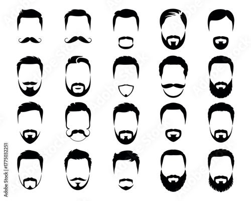 Comprehensive collection of diverse men's facial hair styles, featuring a wide array of beard and mustache designs ideal for barbershop branding, grooming guides, or fashion concept illustrations
