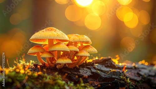 Cluster of Orange Mushrooms Growing on a Moss Covered Log with Golden Sunlight Bokeh Background