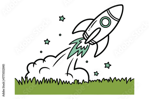 Cartoon Rocket Ship Launching from Earth Towards the Stars Illustration