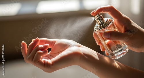 Fragrance application moment, woman sprays perfume on her wrist indoors