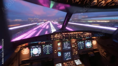 View from the Cockpit: A mesmerizing view from the cockpit of a plane as it glides down a runway illuminated by vibrant lights at dusk, creating a breathtaking display of motion and light.