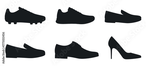 Diverse footwear silhouettes, illustrating various shoe styles athletic cleats, sneakers, loafers, dress shoes, and high heels for graphic design projects