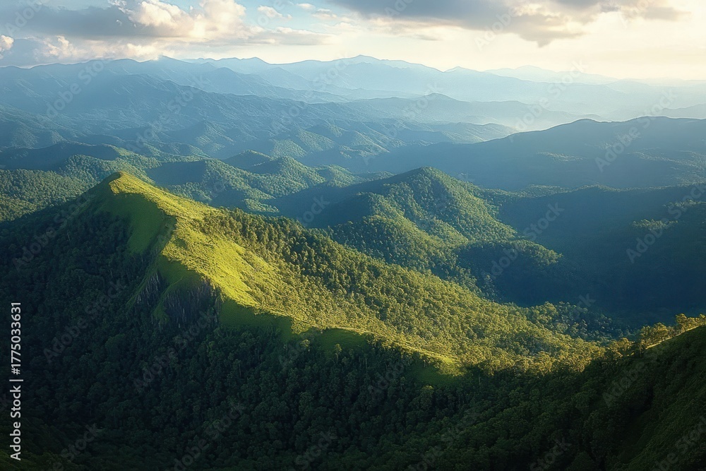 Fototapeta premium Sunlit green forested mountain ridge with layers of distant blue mountains under a partly cloudy sky creating a peaceful natural landscape