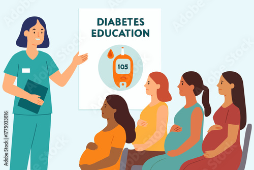 Flat vector of group of pregnant women attending gestational diabetes education class with nurse