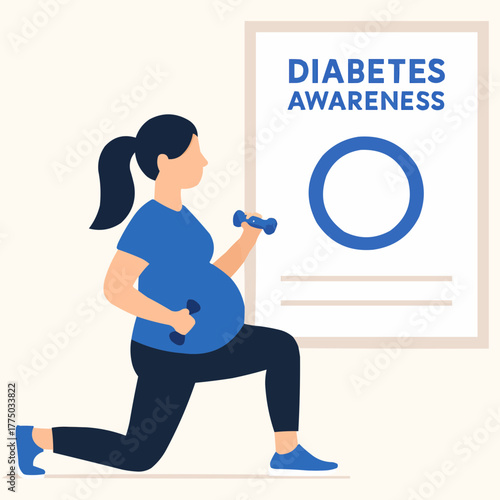 Flat vector of pregnant woman doing light exercise with diabetes awareness poster in background