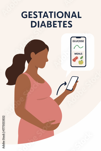Flat vector of pregnant woman using mobile app to track glucose and meals for gestational diabetes