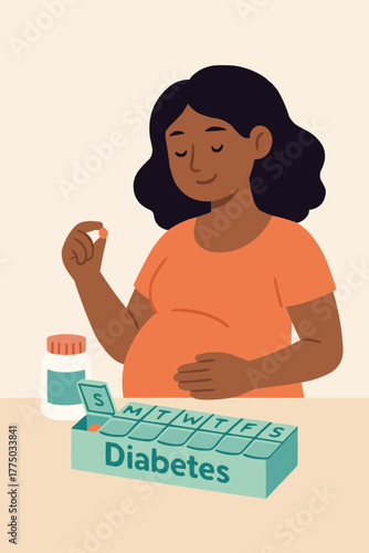 Flat vector of pregnant woman organizing diabetes medication with labeled pill box