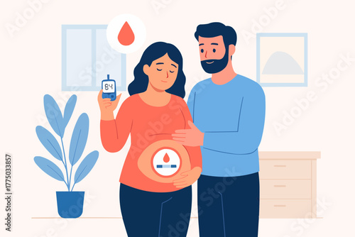 Flat vector of supportive partner helping pregnant woman manage gestational diabetes at home
