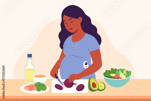Flat vector of pregnant woman preparing balanced meal with gestational diabetes-friendly ingredients