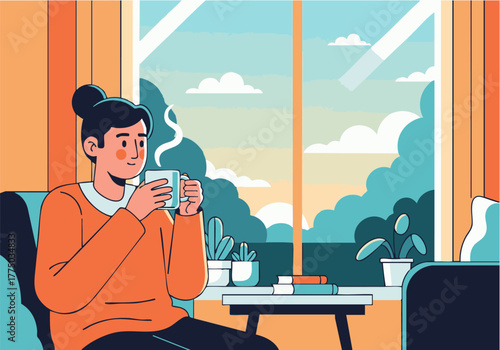 A woman sits by a window, enjoying a warm beverage, looking at the outside view.