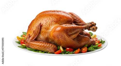 A roasted turkey with vegetables on a white plate.