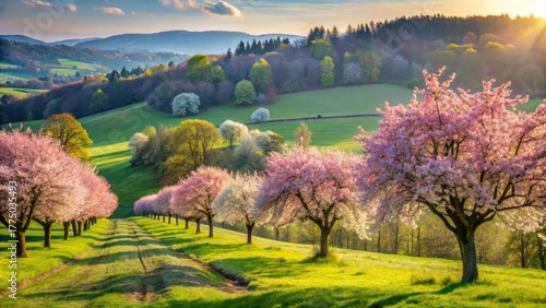 Serene Springtime Vista Blossoming Trees Line a Gentle Rolling Hillside Pathway bathed in the warm glow of a setting sun, creating a picturesque landscape of vibrant color and tranquility.
