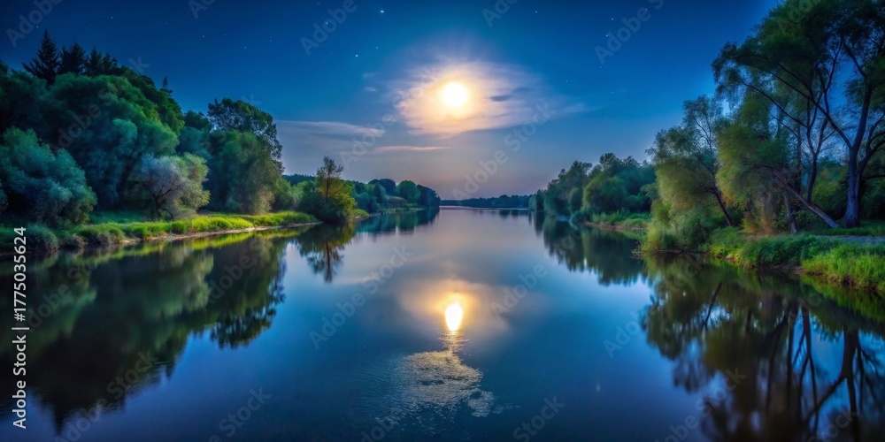Fototapeta premium Serene Nighttime River Scene with Full Moon and Starry Sky Reflecting on Calm Waters