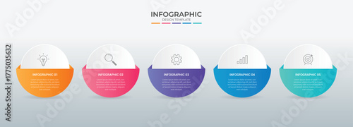 Business infographic thin line process with circle template design with icons and 5 options or steps.
