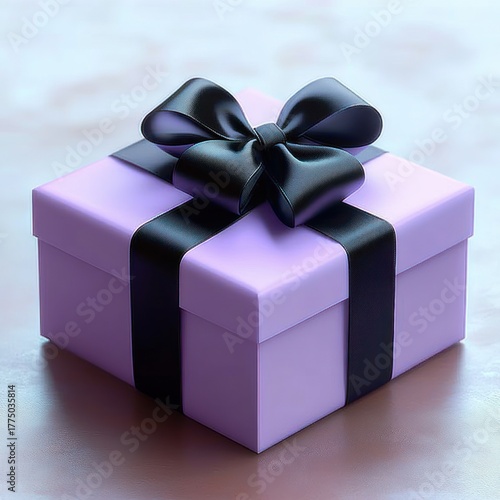 purple gift box topped with a large black satin ribbon bow placed on a soft reflective surface conveying a sense of elegance and anticipation