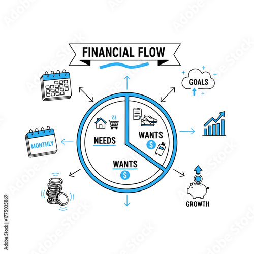 Hand-drawn vector illustration visualizing money management, budgeting needs vs wants, and building wealth through disciplined financial planning for future goals