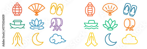 Colorful line art symbols of traditional Asian elements for cultural celebrations and decorations
