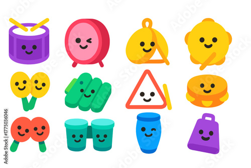 Colorful musical instruments with smiling faces in various shapes and sizes on a white background