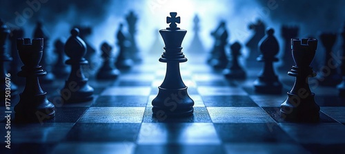 Close-up of a chessboard with black chess pieces arranged for a game, highlighted king piece in focus under dramatic blue lighting, evoking strategy and intensity