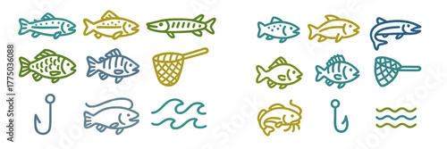 Fish icons with fishing gear and elements in a simple design for creative fishing themes