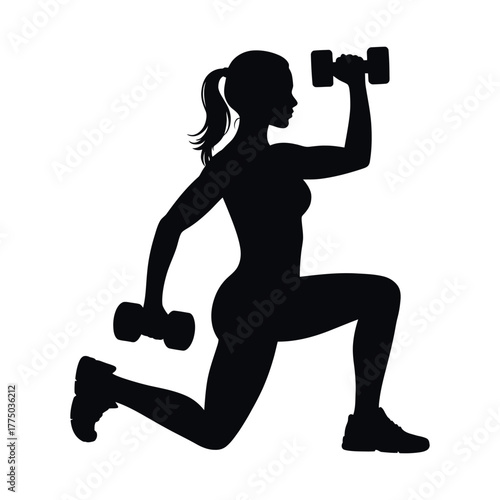 Silhouette of a Woman Exercising with Dumbbells in a Lunge Position