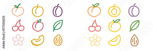 Colorful fruit illustrations featuring various shapes and styles arranged in a neat pattern on a light background