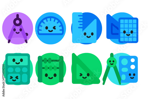 Fun and colorful collection of cute, smiling math and geometry icons designed for educational purposes