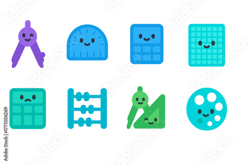 Fun and colorful math tools arranged in a neat grid with smiling faces and vibrant colors