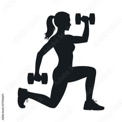 Silhouette of a strong woman performing a lunge exercise with dumbbells, demonstrating strength training and a dedicated fitness workout for a healthy and active lifestyle