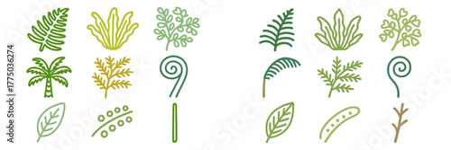 Collection of unique botanical illustrations featuring various green plants and leaves arranged in a creative layout