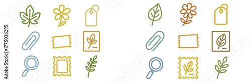 Various illustrations of leaves, flowers, tags, and paper items in a simple minimalistic style for crafting or design purposes