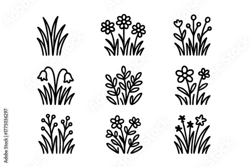 Schilderij op canvas Patterns of hand-drawn flowers and grass illustrate a simple and charming garden