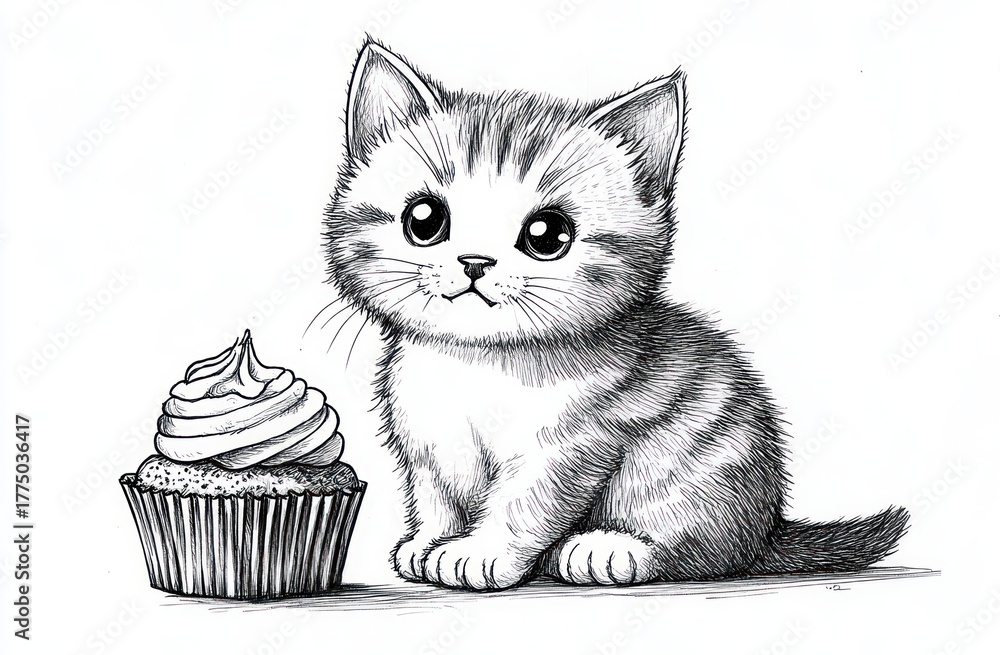 Obraz premium black and white sketch of a small fluffy kitten sitting next to a cupcake with swirled frosting expressing curiosity and innocence