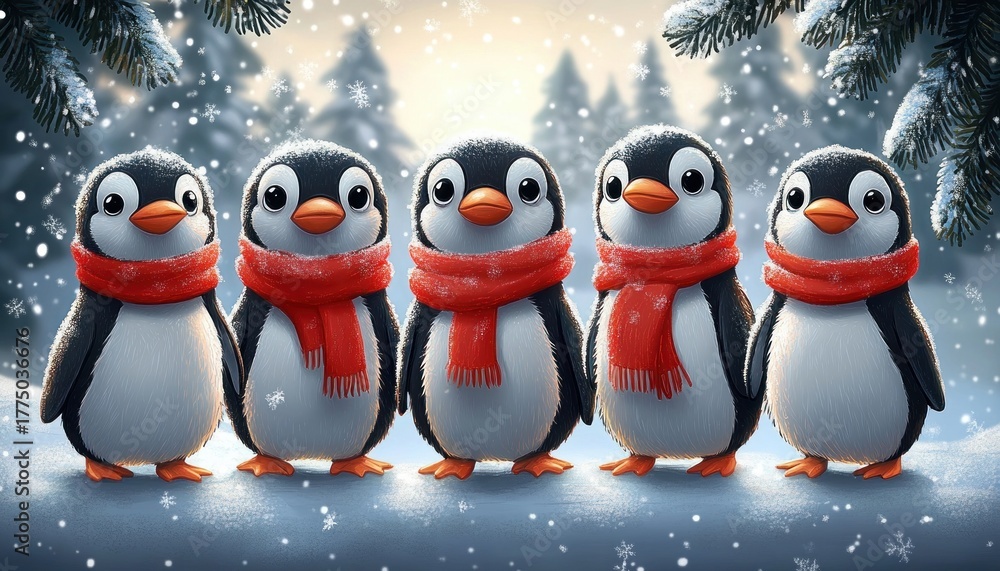 Fototapeta premium Five cute penguins wearing red scarves standing together on snowy ground with snowflakes falling and pine tree branches overhead in a winter forest