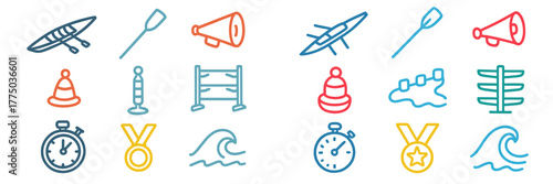 Various line art icons representing sports, water activities, and competition in a colorful arrangement
