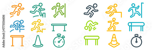 Various running and jumping icons showcasing athletic activities, obstacles, and timing related to sports training and competition