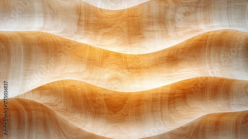 Smooth undulating wooden surface with warm lighting highlighting natural wood grain patterns and soft curves