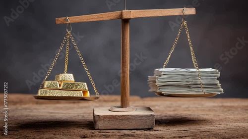 Small investor gold plan, conceptual balance scale comparing gold and cash, personal investment decision theme, professional composition
